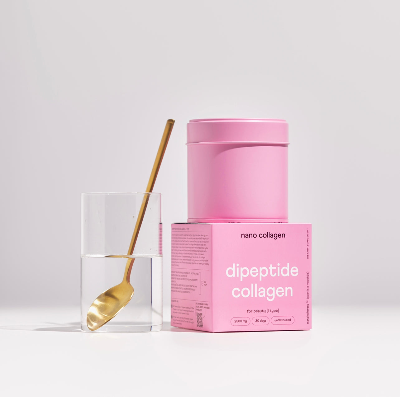 A packaging of Japanese marine dipeptide collagen next to a glass of clear water, showcasing collagen dissolving in water, illustrating its usage