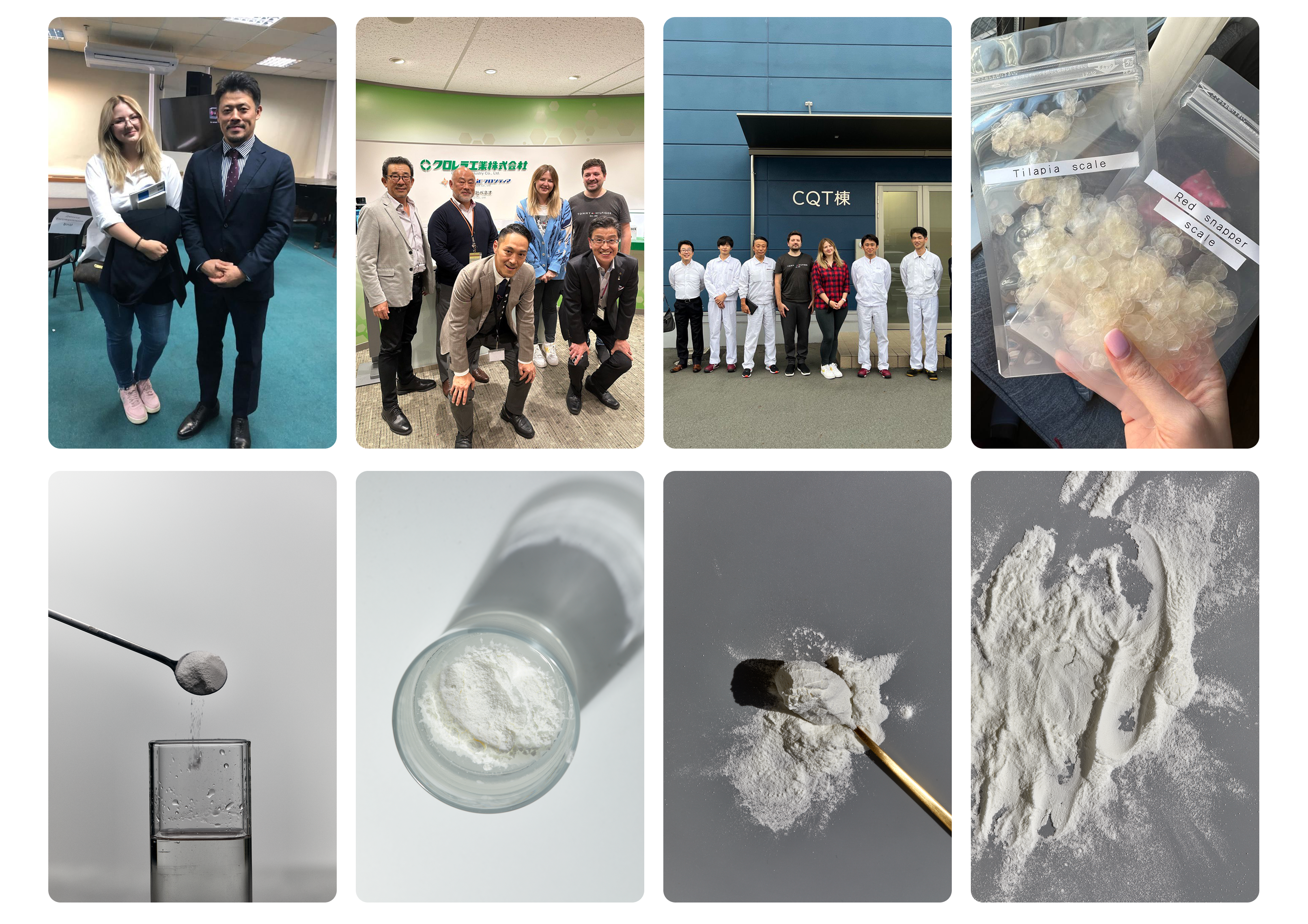 Collage of images including people in a room, a laboratory setting, and close-up shots of marine peptide collagen powder.
